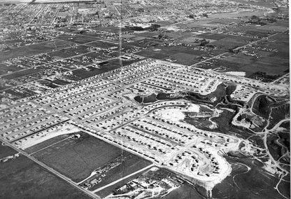 Black-and-white historic aerial view of Costa Mesa, CA