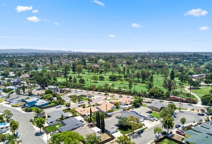 Aerial view over neighborhood of Mesa Verde, Costa Mesa