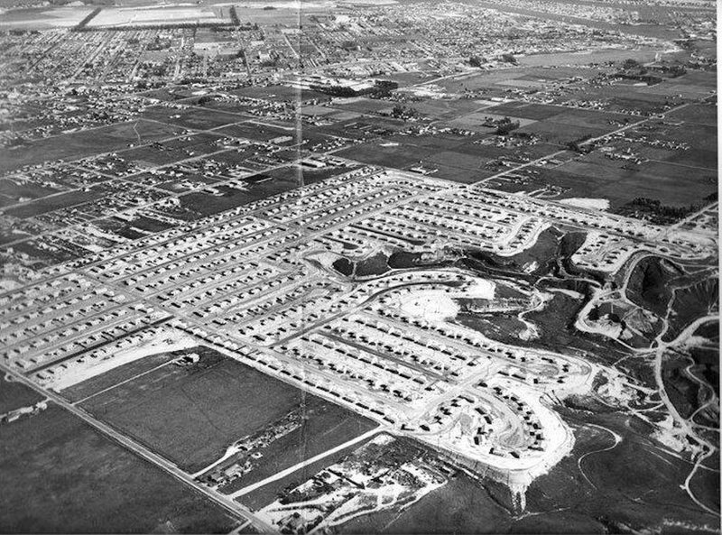 Black-and-white historic aerial view of Costa Mesa, CA