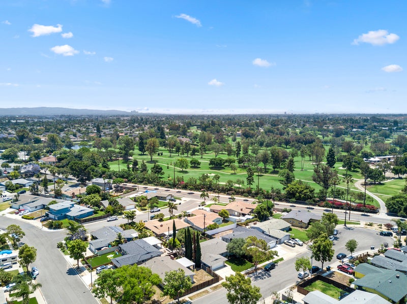 Aerial view over neighborhood of Mesa Verde, Costa Mesa