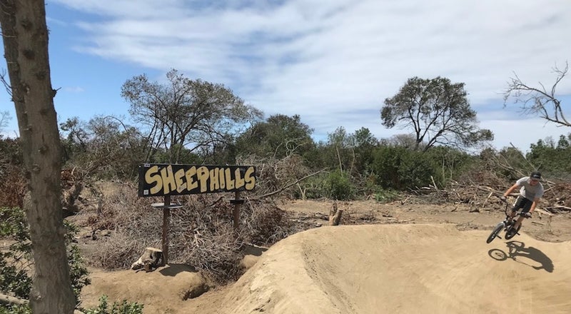 Sheephills BMX park sign and person on bike