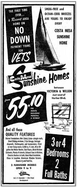 Old advertisement for Costa Mesa Sunshine Homes